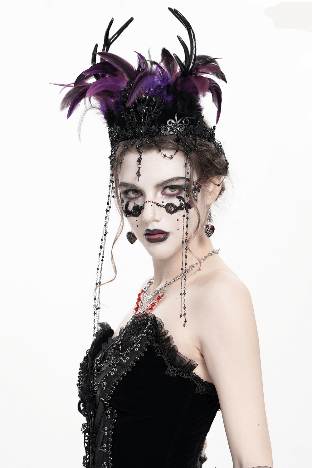 Gothic Feathered Headpiece with Chain and Cross Ornaments
