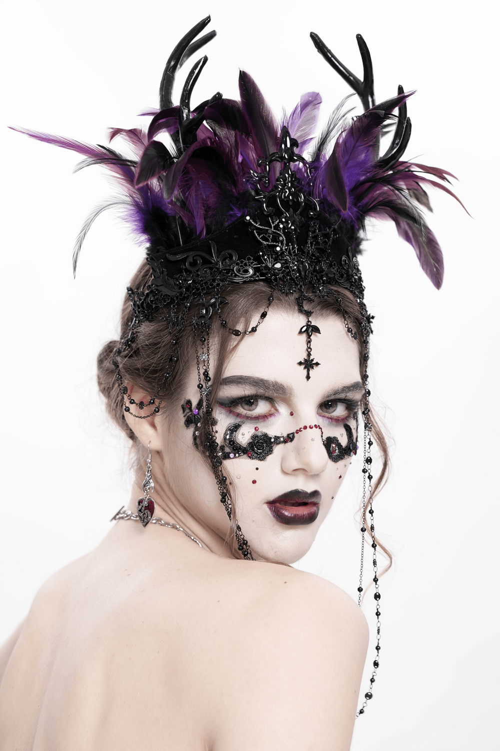 Gothic Feathered Headpiece with Chain and Cross Ornaments