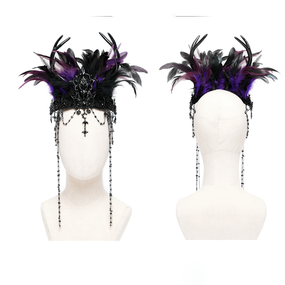 Gothic Feathered Headpiece with Chain and Cross Ornaments