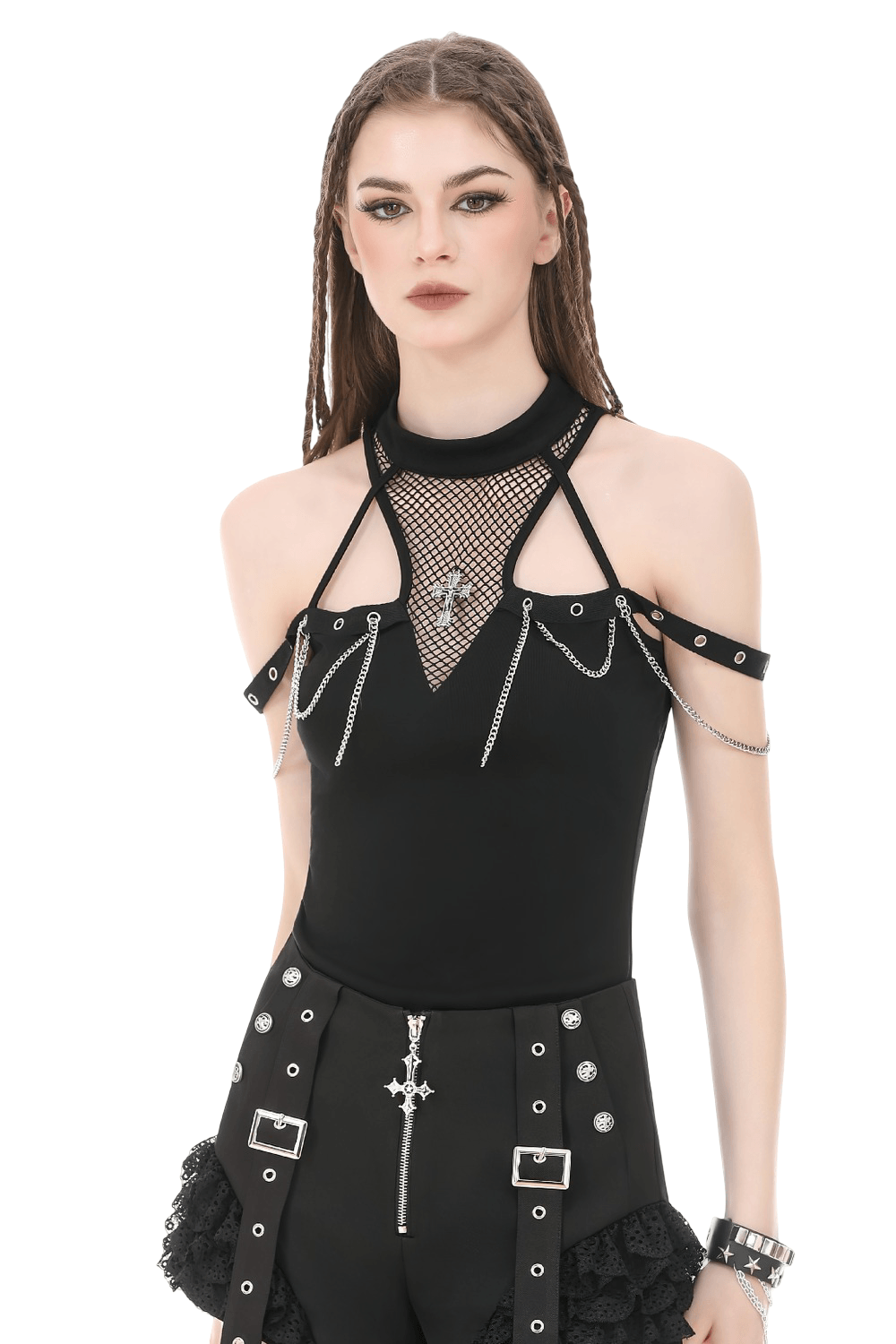 Gothic Fishnet Chain Halter Tank Top for Women