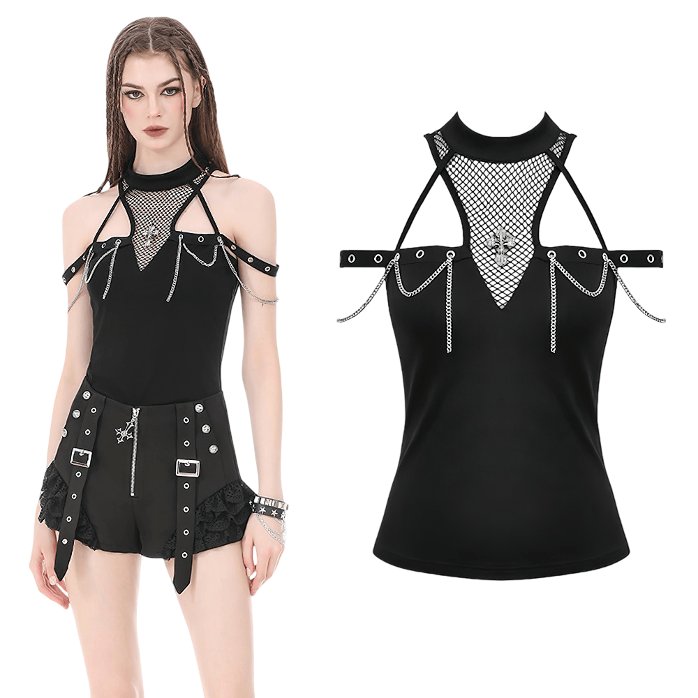 Gothic Fishnet Chain Halter Tank Top for Women