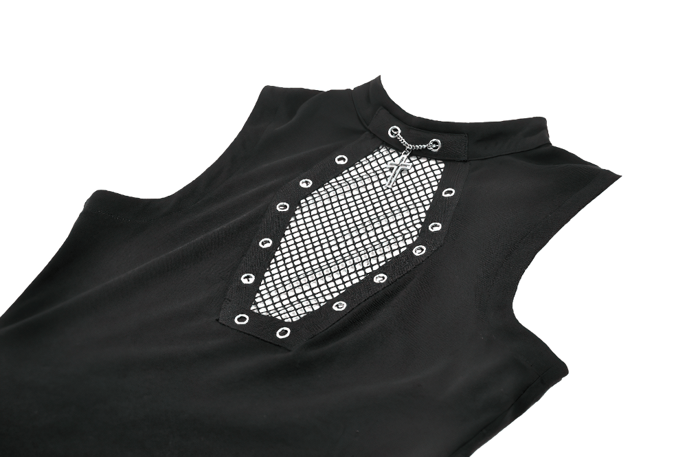 Gothic Fishnet Cutout Sleeveless Mock Neck Top