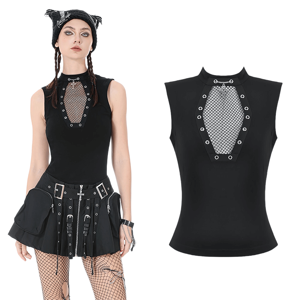 Gothic Fishnet Cutout Sleeveless Mock Neck Top