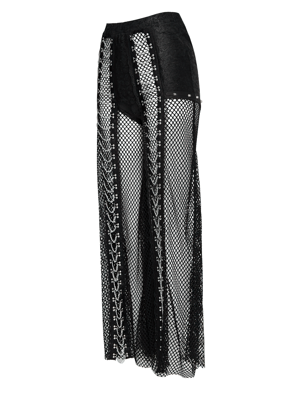 Gothic Fishnet Lace Up Flare Pants with Chains