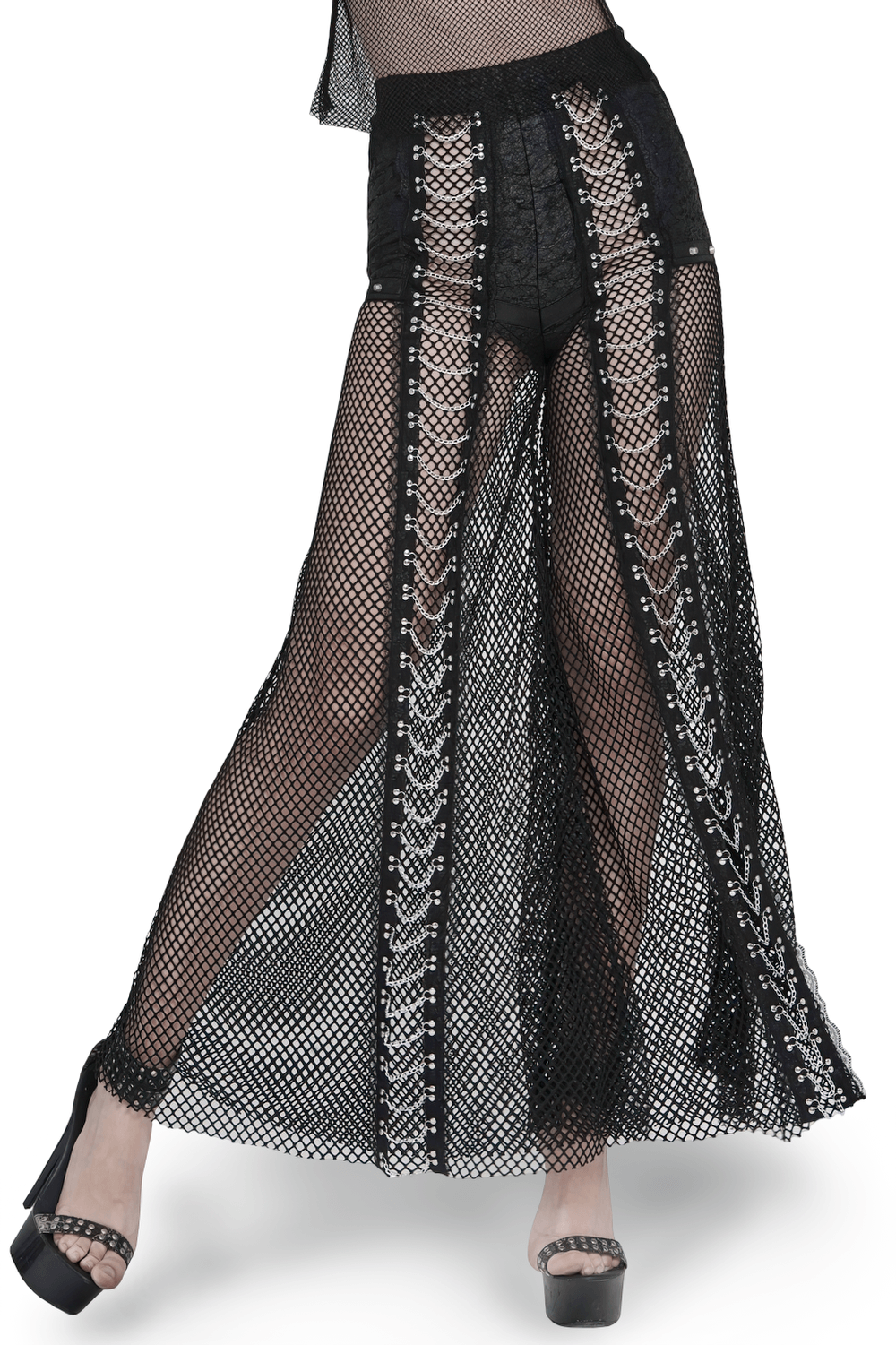 Gothic Fishnet Lace Up Flare Pants with Chains
