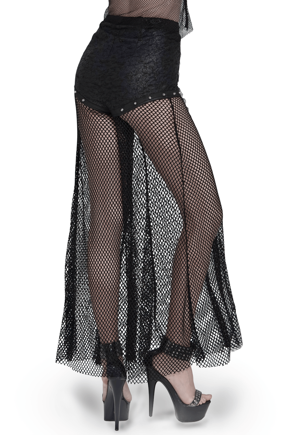 Gothic Fishnet Lace Up Flare Pants with Chains