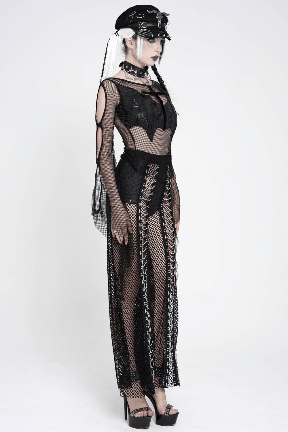 Gothic Fishnet Lace Up Flare Pants with Chains