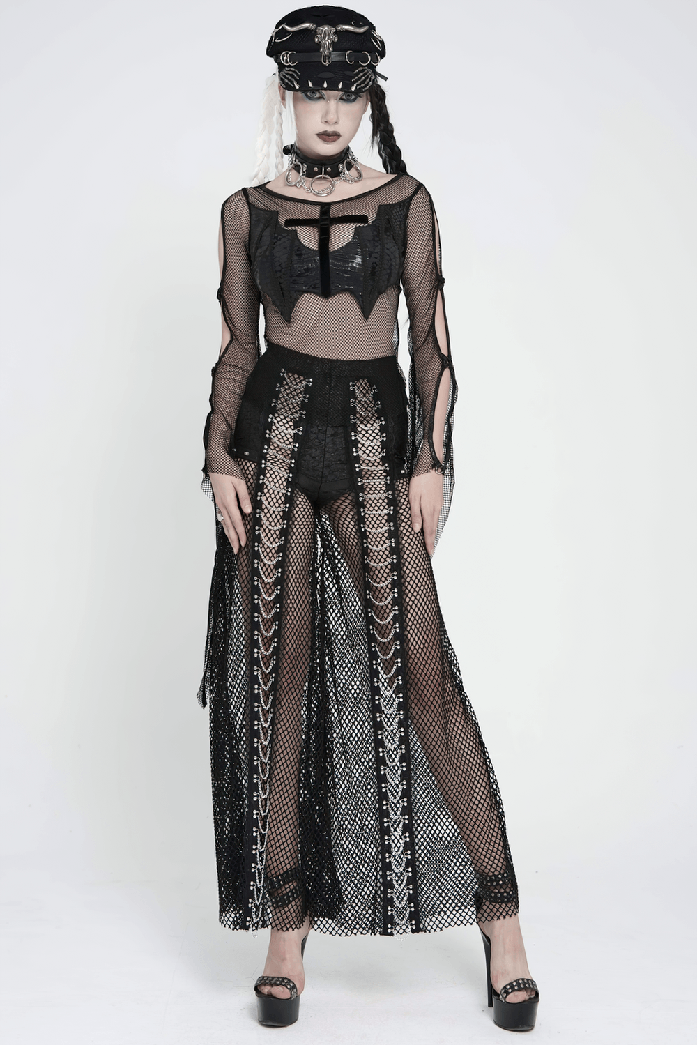 Gothic Fishnet Lace Up Flare Pants with Chains