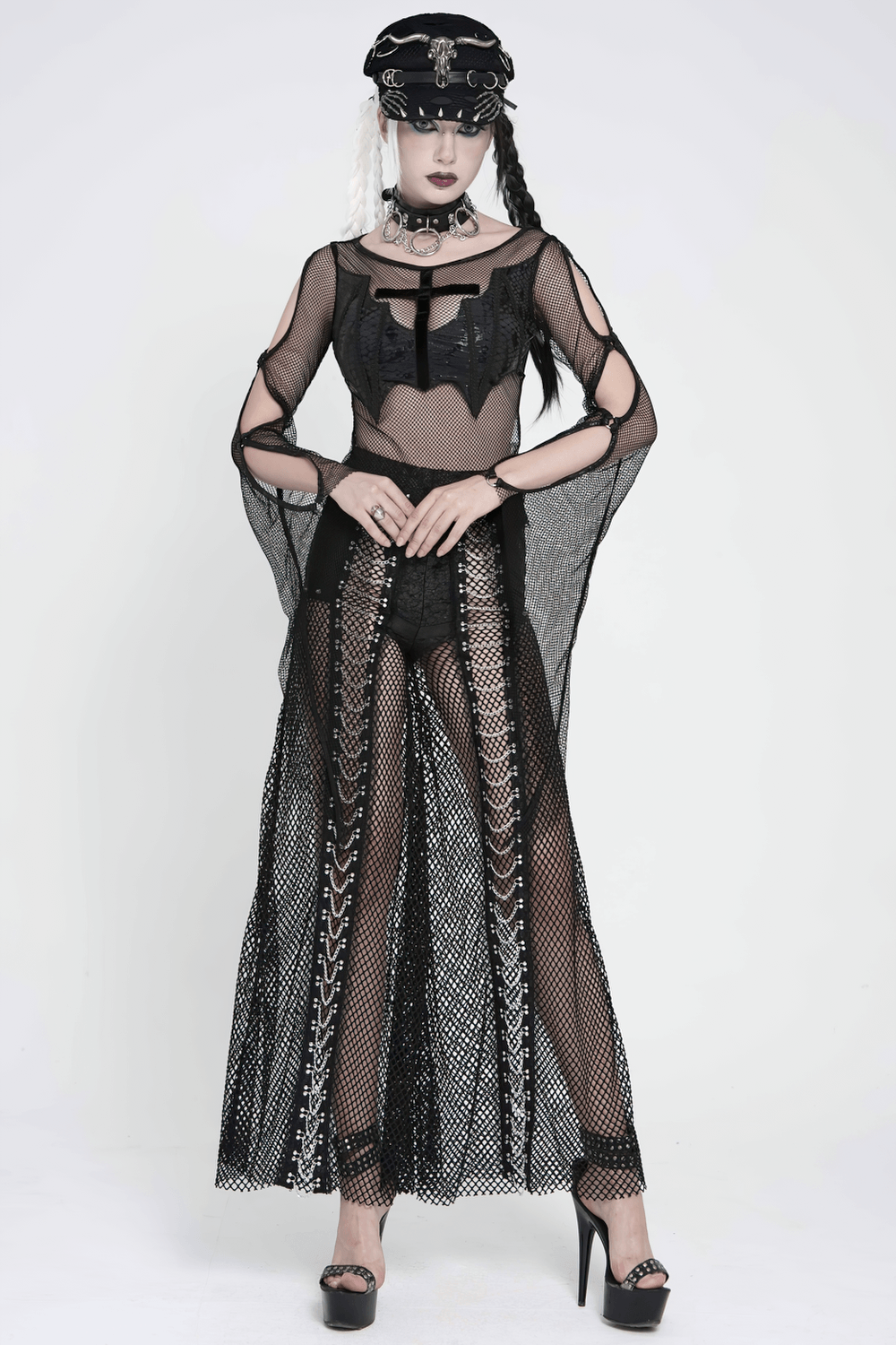 Gothic Fishnet Lace Up Flare Pants with Chains