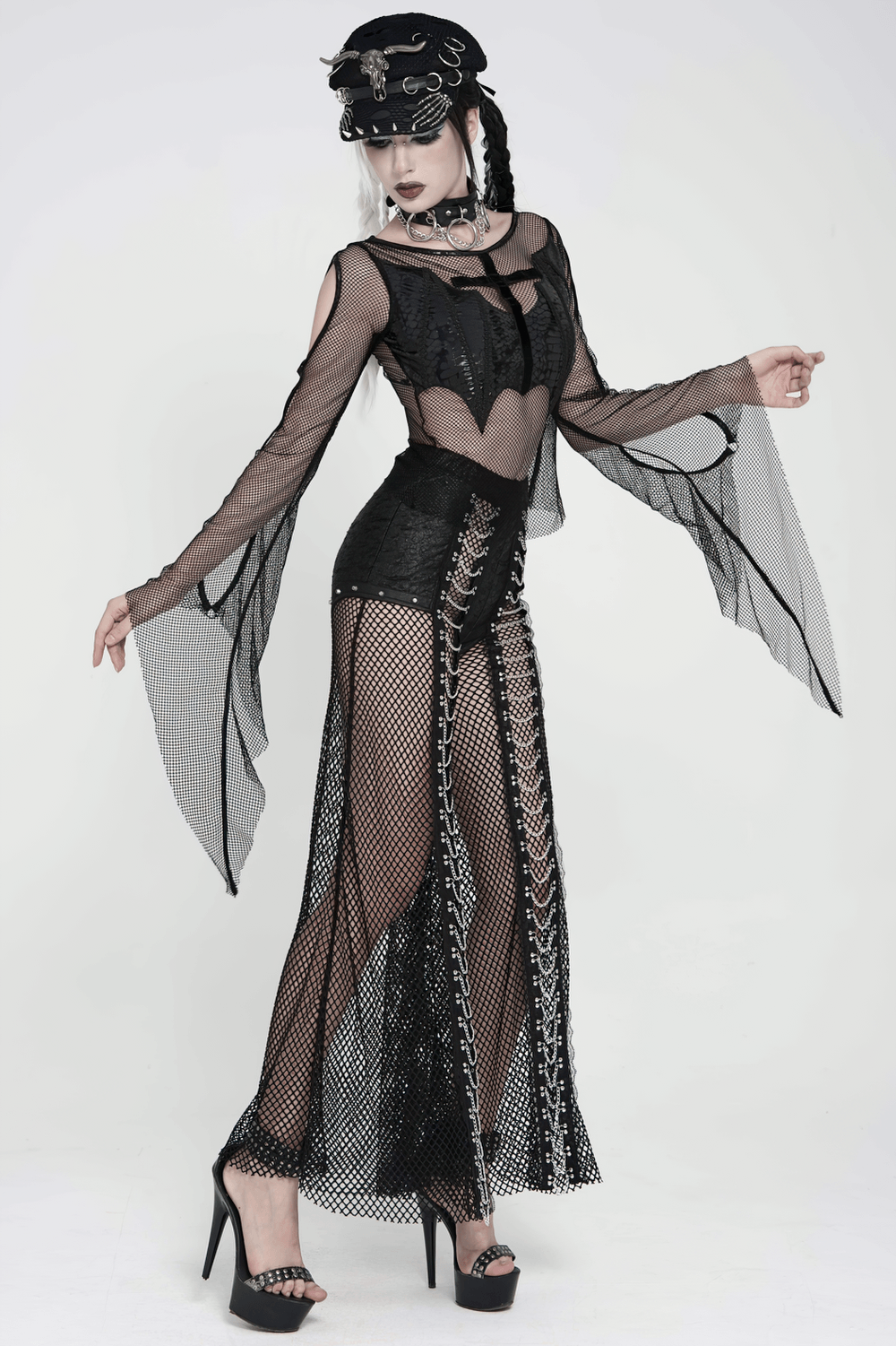 Gothic Fishnet Lace Up Flare Pants with Chains