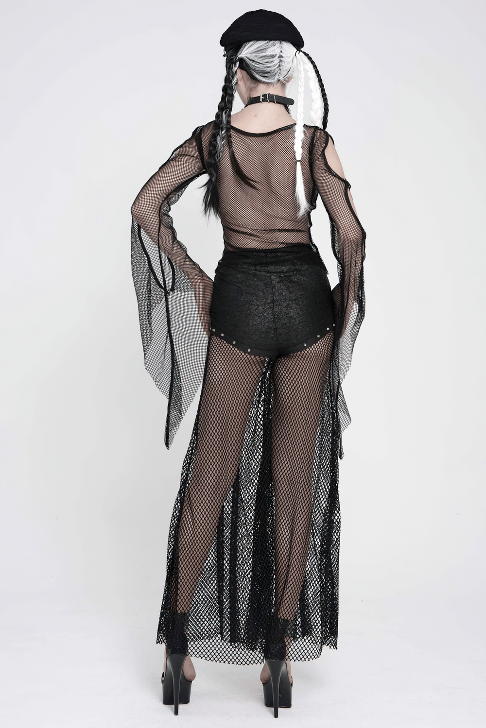 Gothic Fishnet Lace Up Flare Pants with Chains