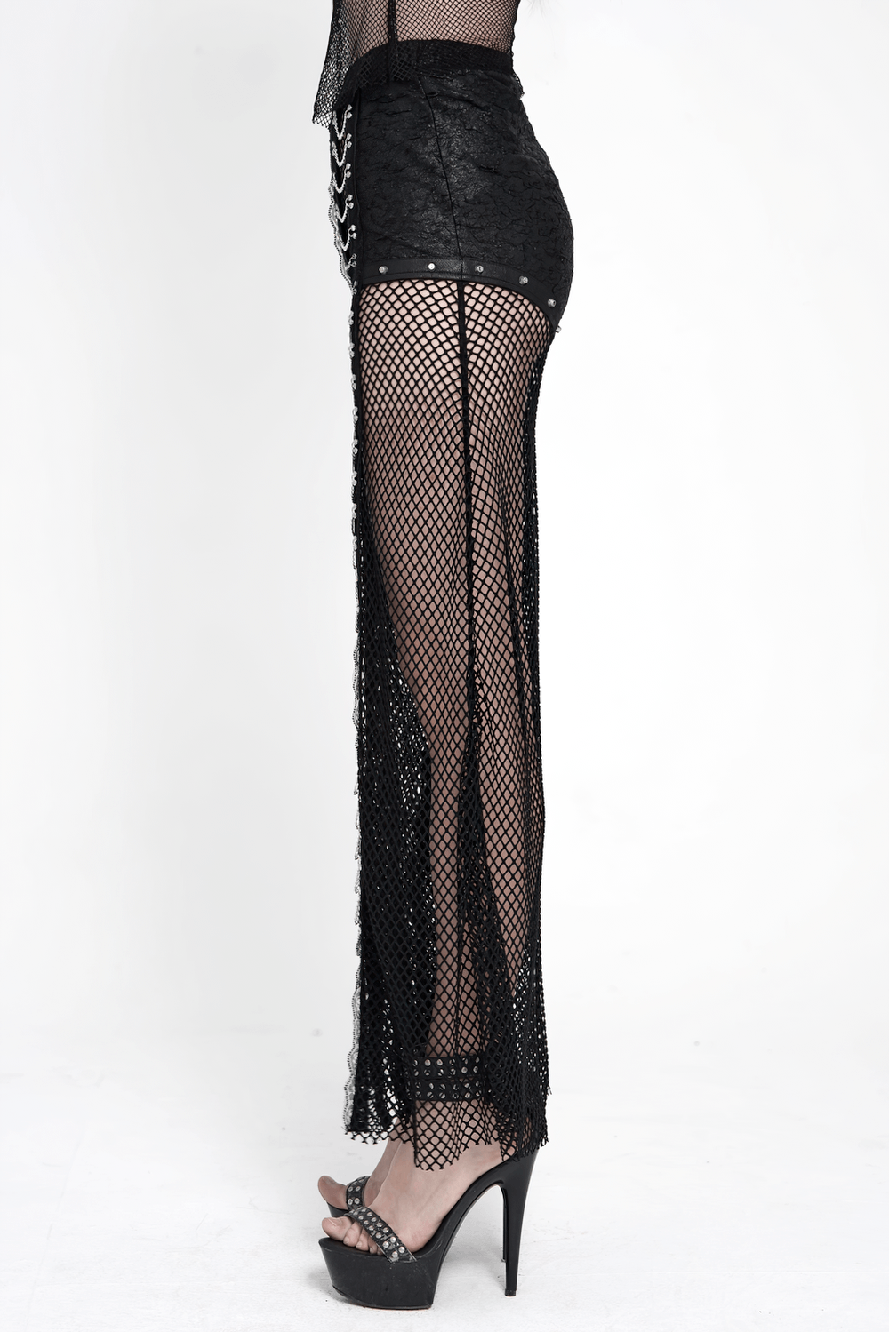 Gothic Fishnet Lace Up Flare Pants with Chains