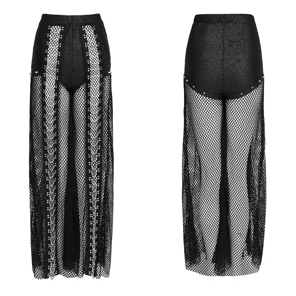 Gothic Fishnet Lace Up Flare Pants with Chains