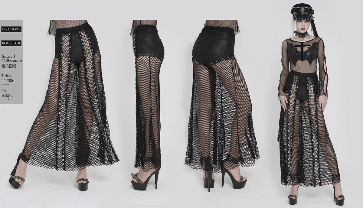 Gothic Fishnet Lace Up Flare Pants with Chains