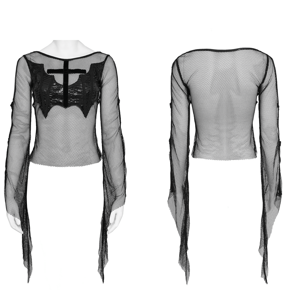 Gothic Fishnet Mesh Top with Bat Applique Sleeves for Women
