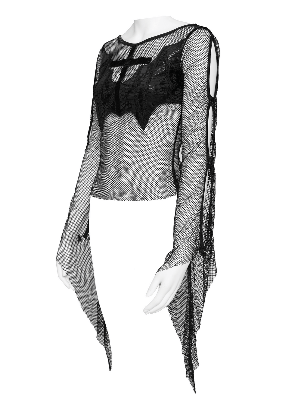 Gothic Fishnet Mesh Top with Bat Applique Sleeves for Women