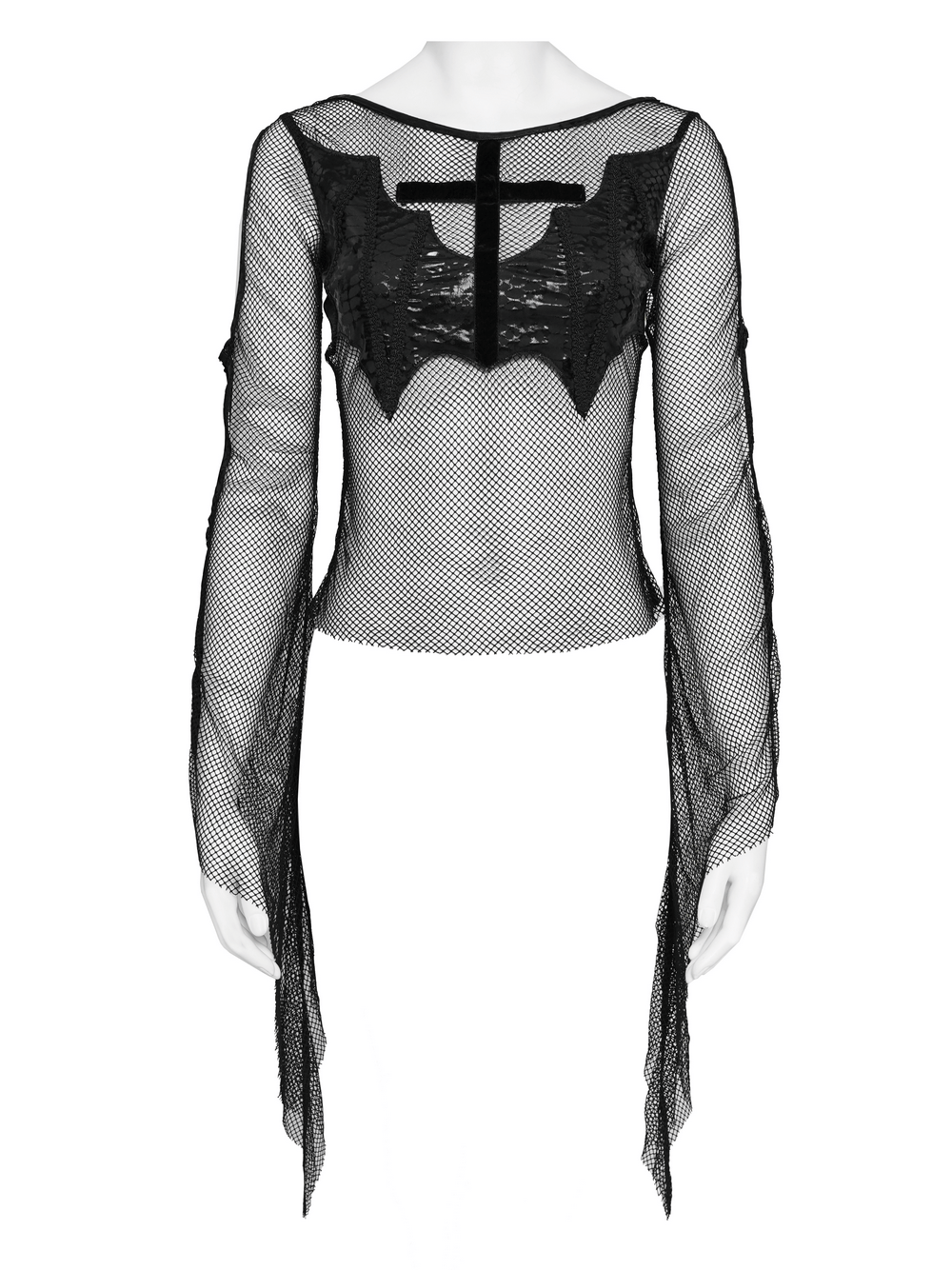 Gothic Fishnet Mesh Top with Bat Applique Sleeves for Women