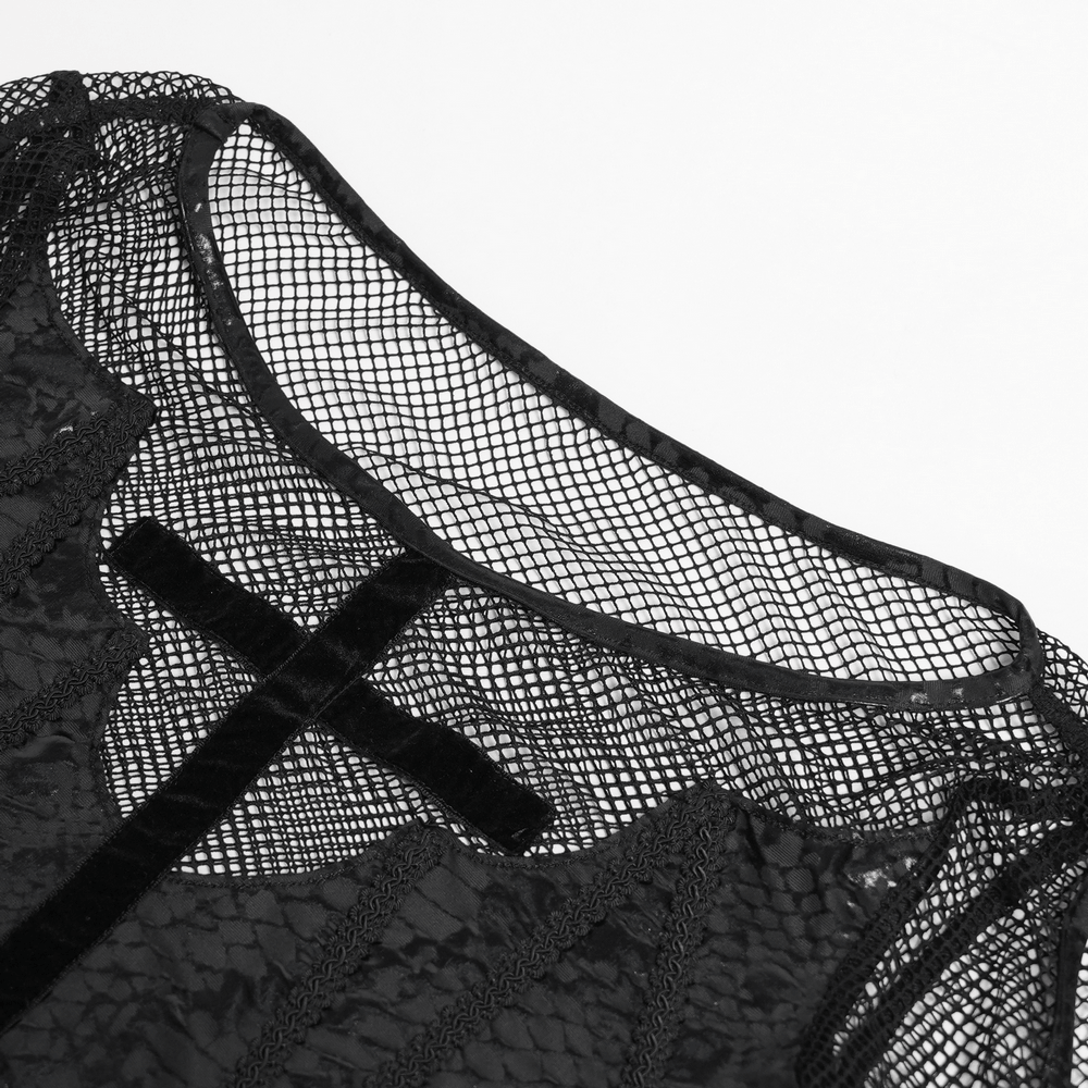 Gothic Fishnet Mesh Top with Bat Applique Sleeves for Women