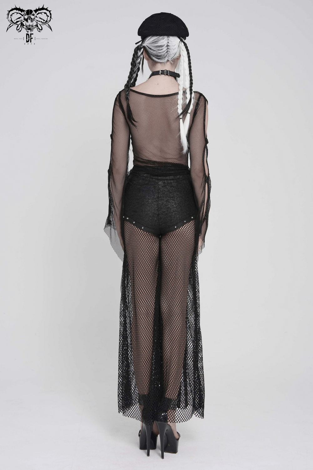 Gothic Fishnet Mesh Top with Bat Applique Sleeves for Women