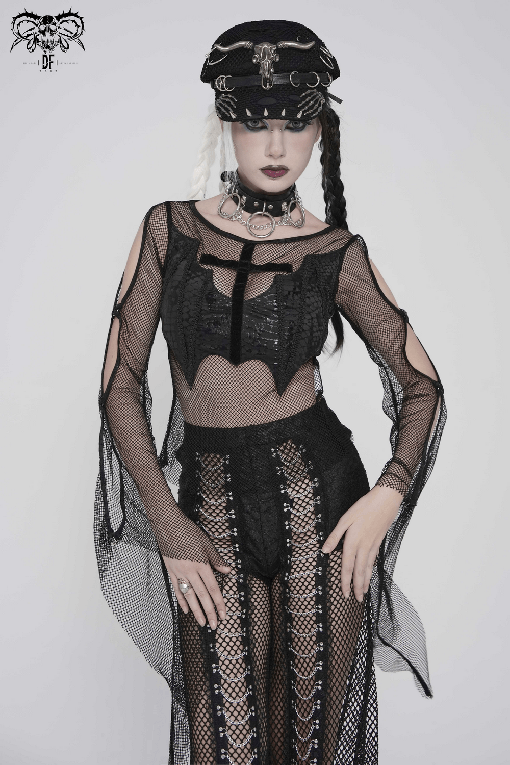 Gothic Fishnet Mesh Top with Bat Applique Sleeves for Women