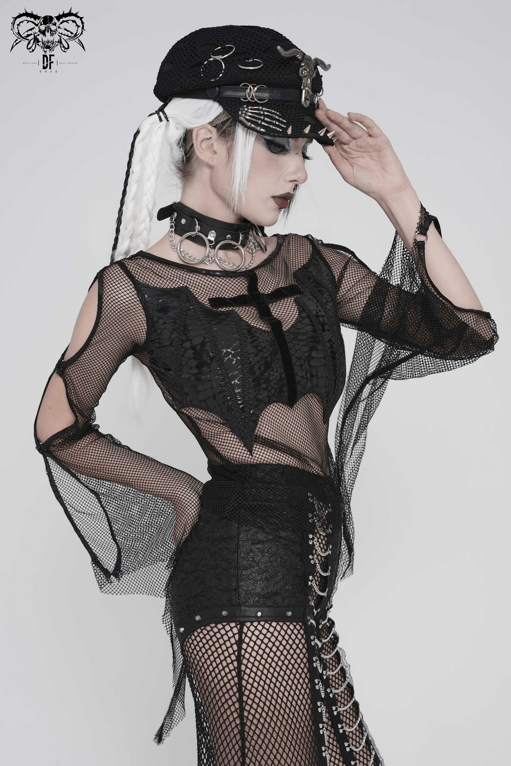 Gothic Fishnet Mesh Top with Bat Applique Sleeves for Women