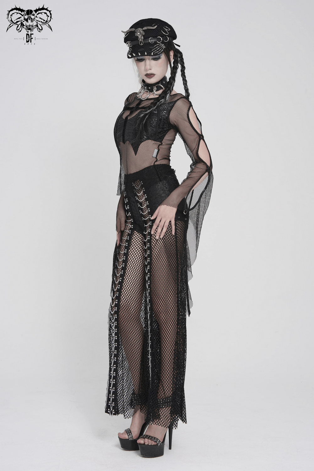 Gothic Fishnet Mesh Top with Bat Applique Sleeves for Women