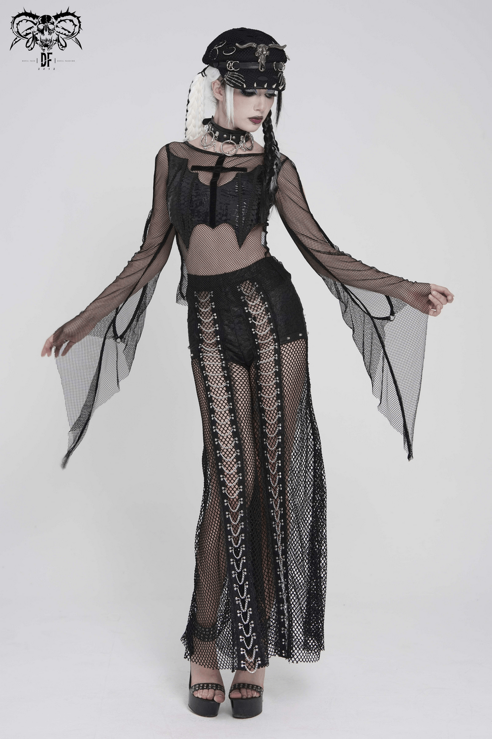 Gothic Fishnet Mesh Top with Bat Applique Sleeves for Women