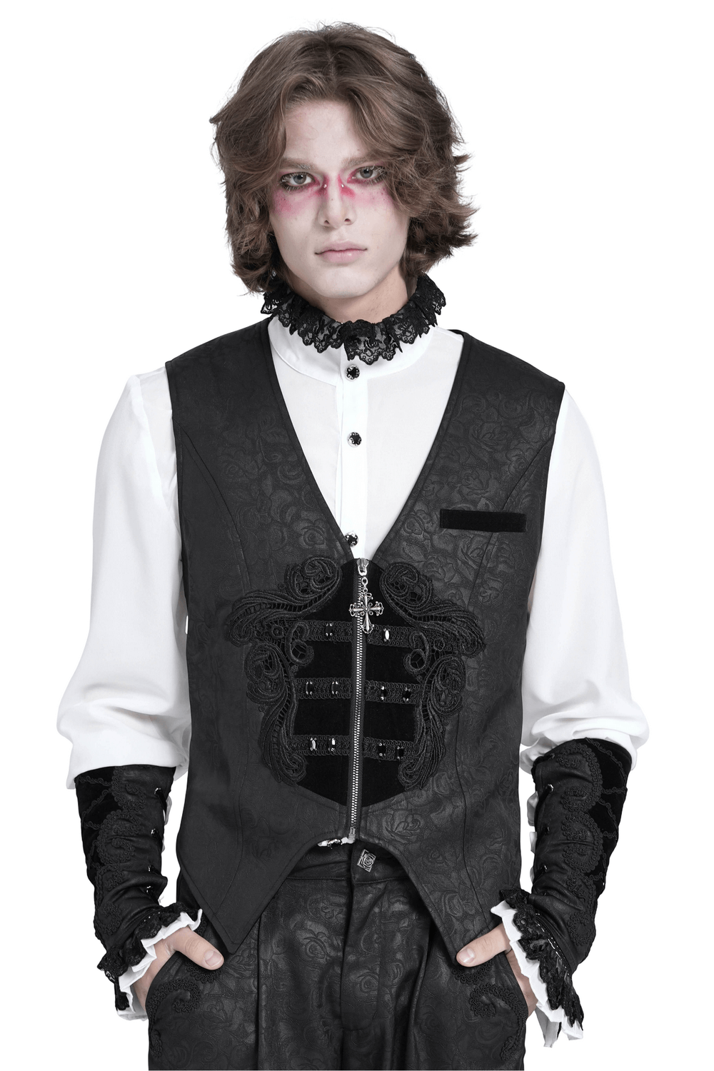 Gothic Floral Waistcoat with Velvet Straps and Cross Detail