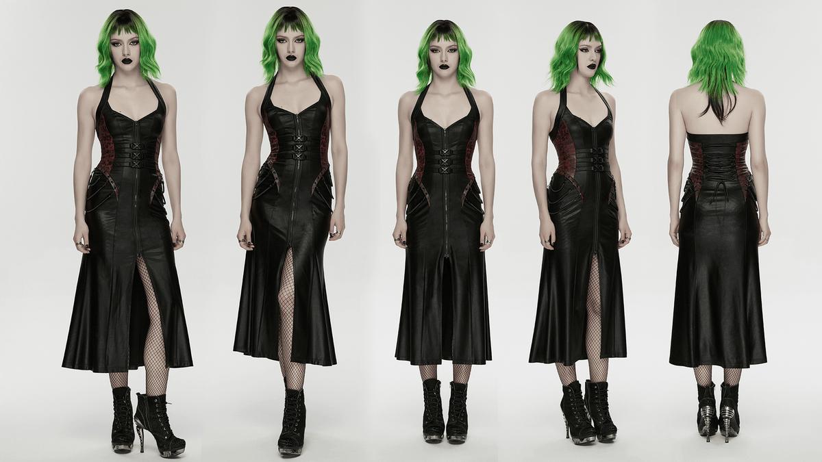 Gothic Halter Dress with Lace-Up Waist and Zipper Split