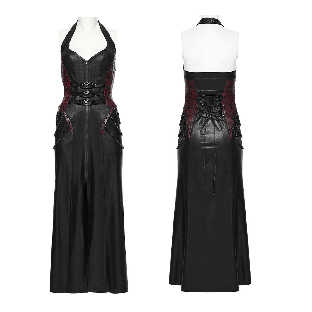 Gothic Halter Dress with Lace-Up Waist and Zipper Split
