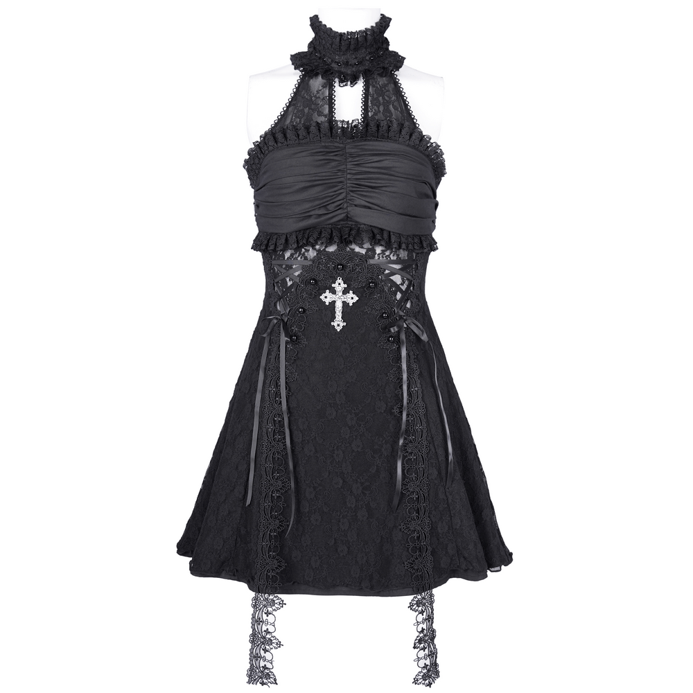 US SALE of Gothic Halter Lace Mini Dress with Cross and Tapes