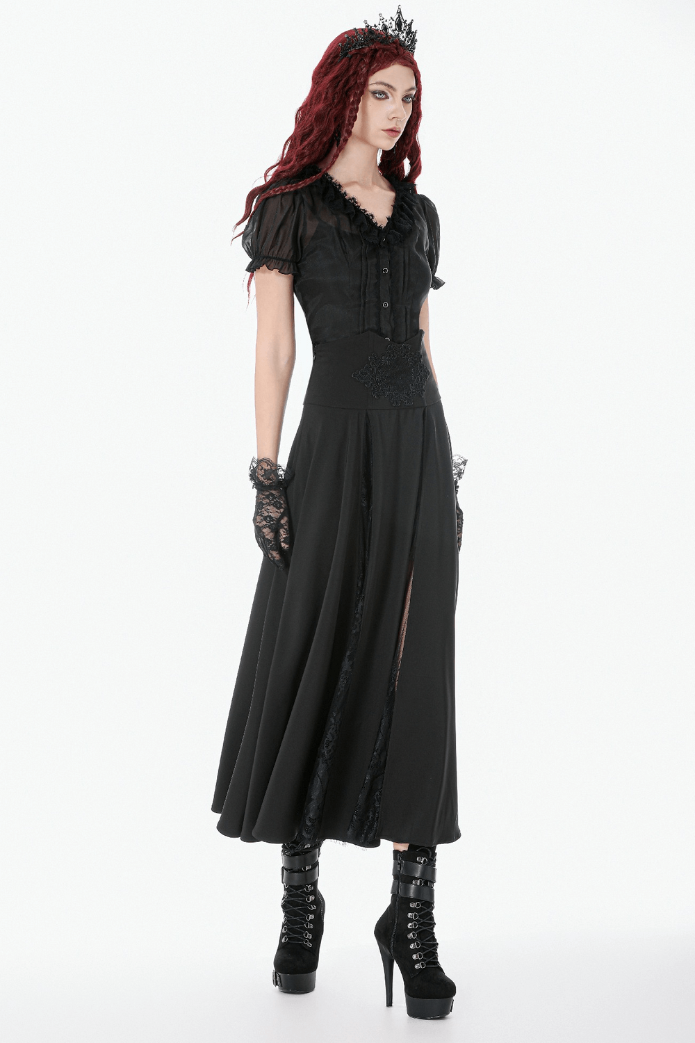 Gothic High Waist Maxi Skirt with Lace Panels