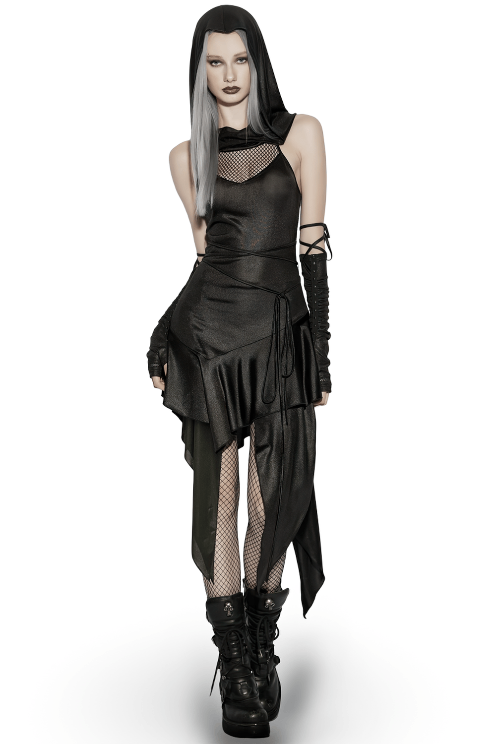 Gothic Hooded Asymmetric Mesh Dress for Women