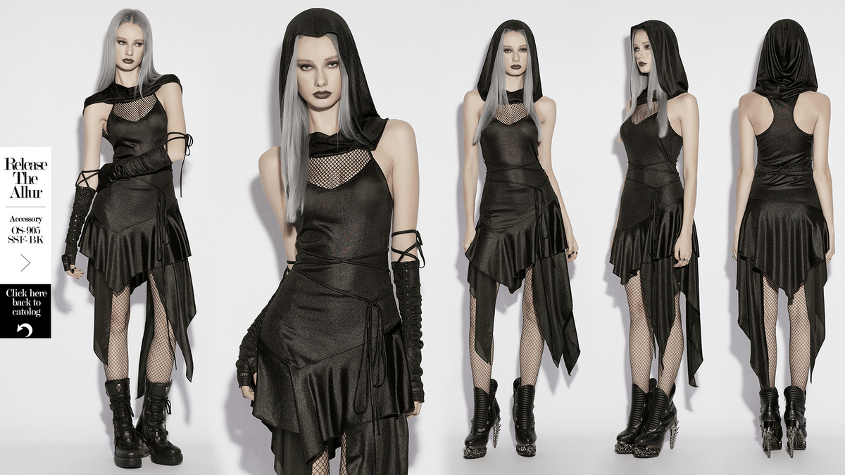 Gothic Hooded Asymmetric Mesh Dress for Women