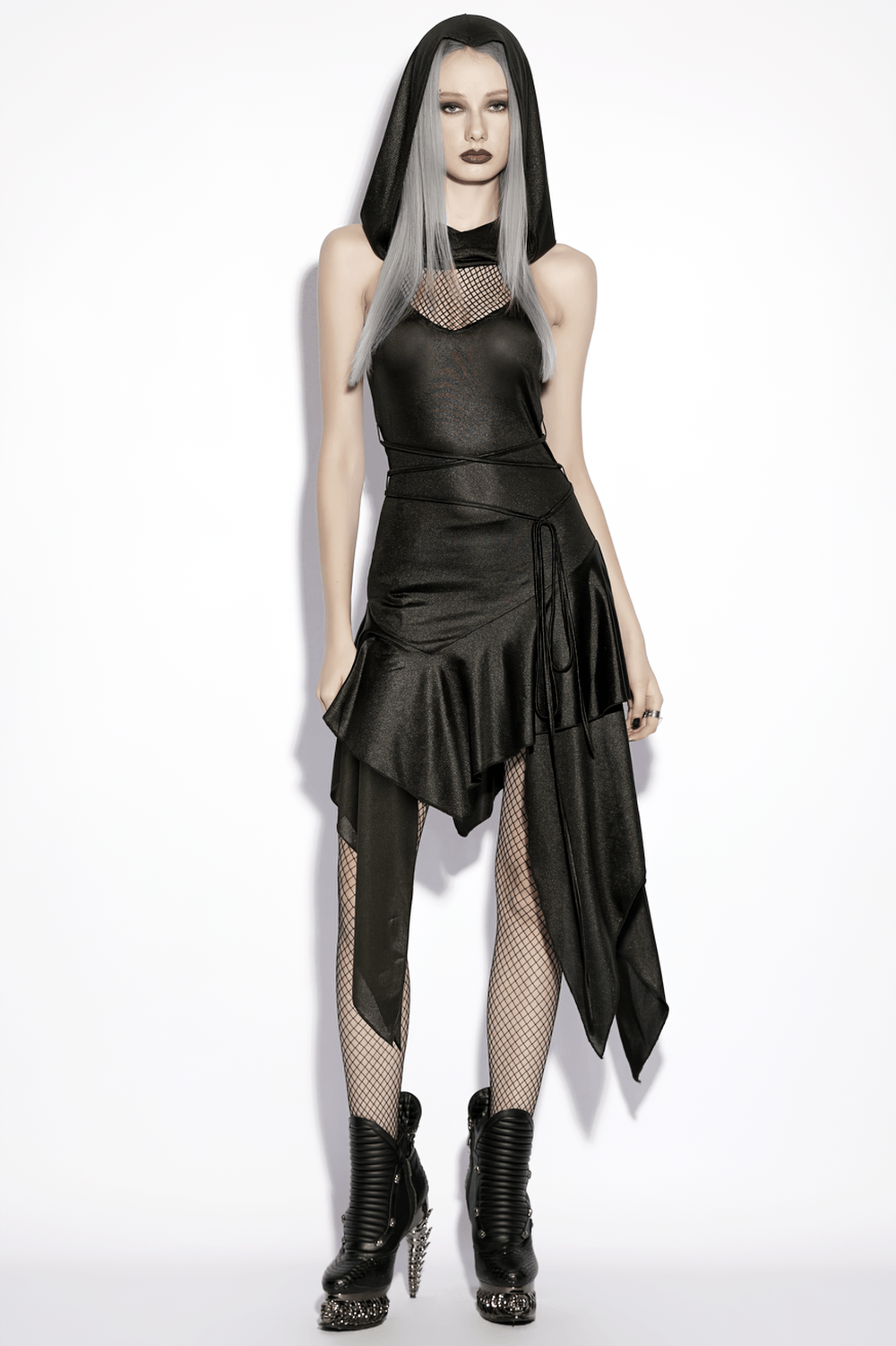 Gothic Hooded Asymmetric Mesh Dress for Women