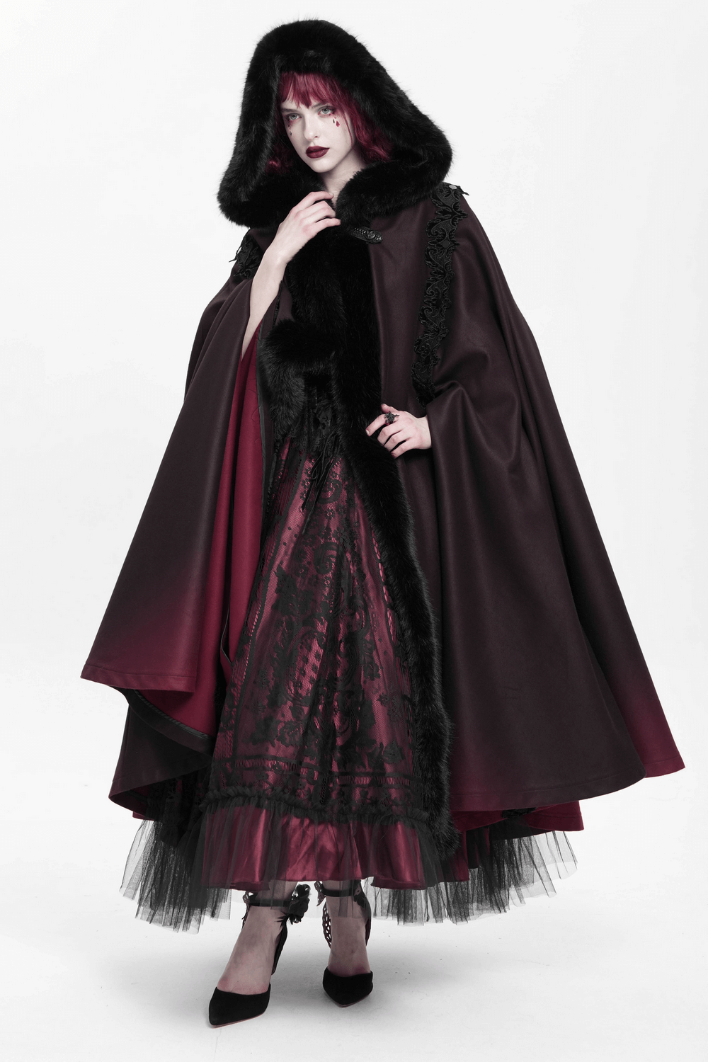 Gothic Hooded Cloak with Fur Trim and Ombre Hem