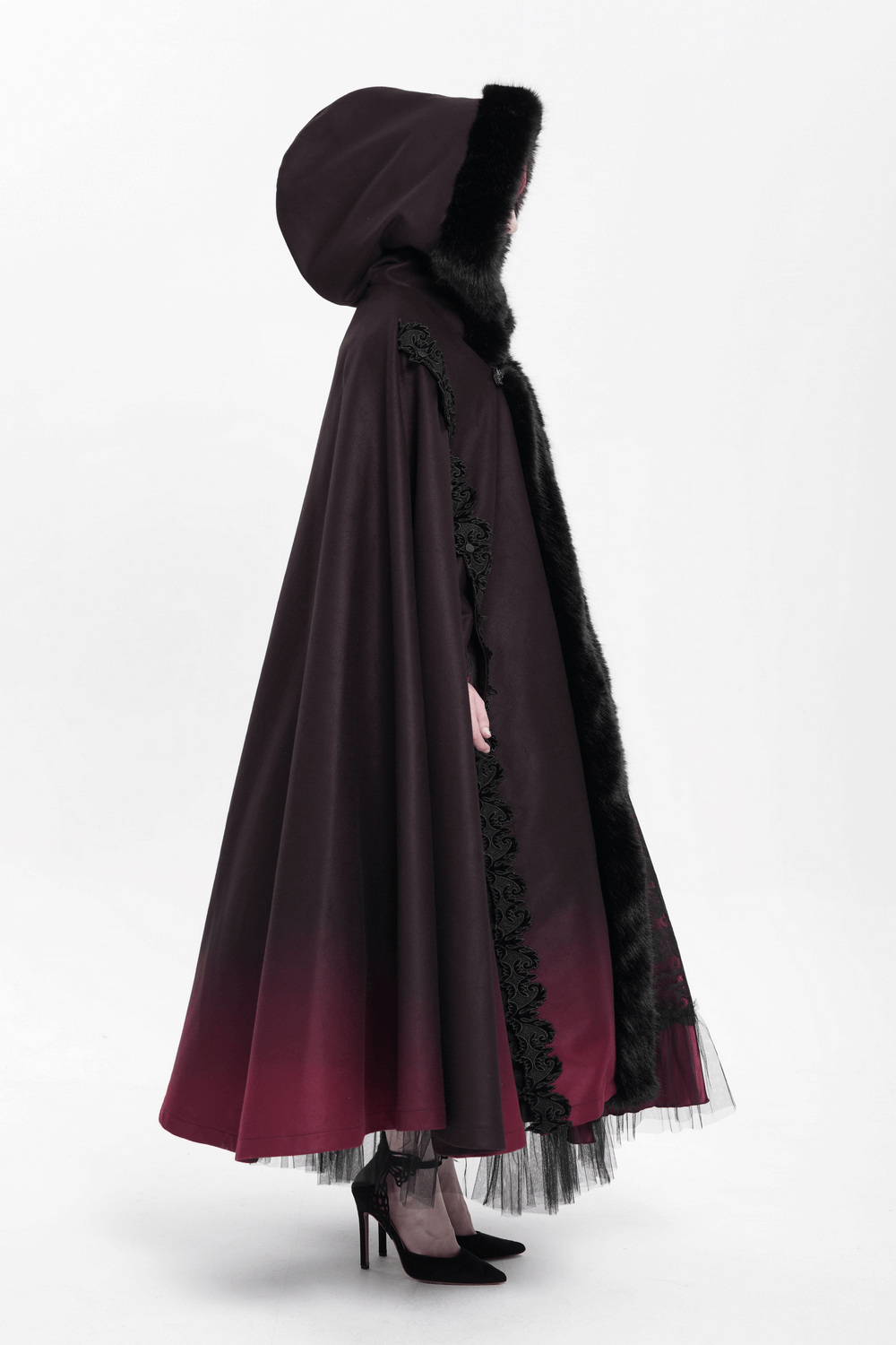 Gothic Hooded Cloak with Fur Trim and Ombre Hem
