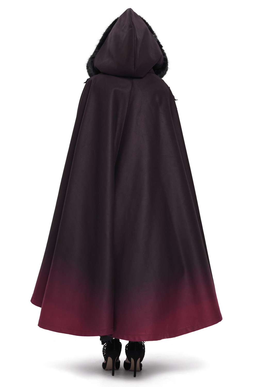 Gothic Hooded Cloak with Fur Trim and Ombre Hem