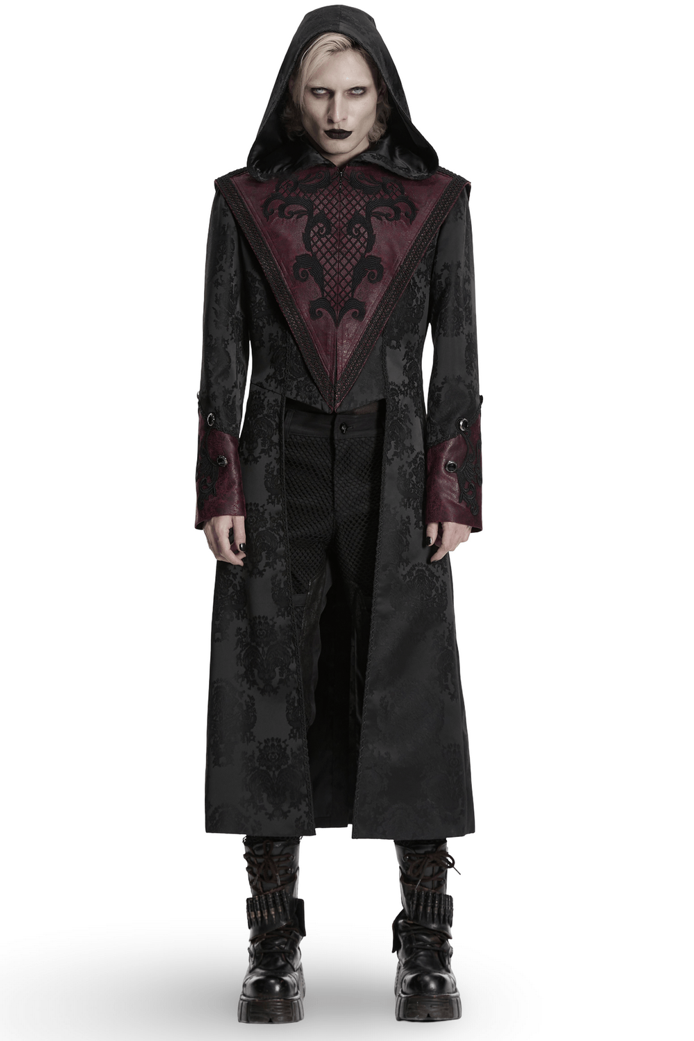 Gothic Hooded Jacquard Long Coat with Leather Trim