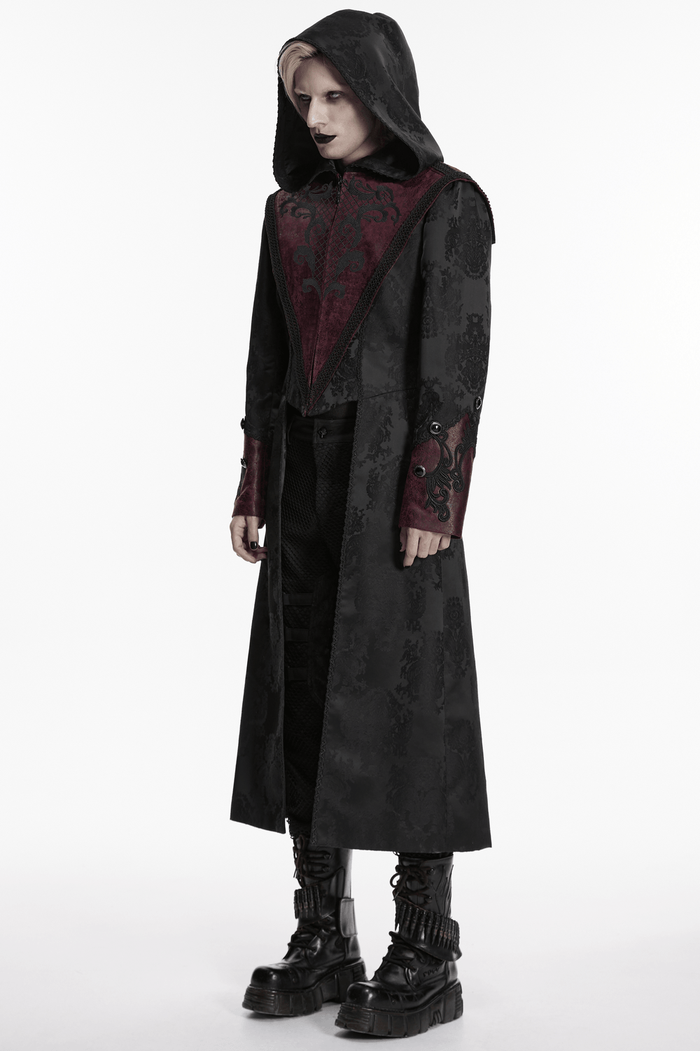 Gothic Hooded Jacquard Long Coat with Leather Trim