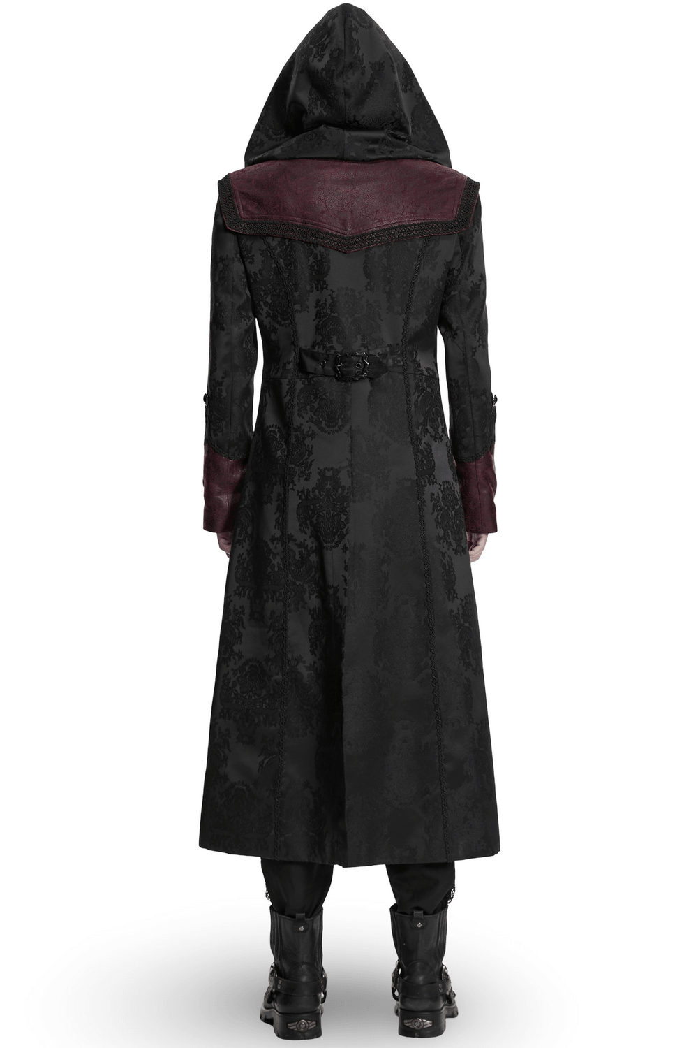 Gothic Hooded Jacquard Long Coat with Leather Trim