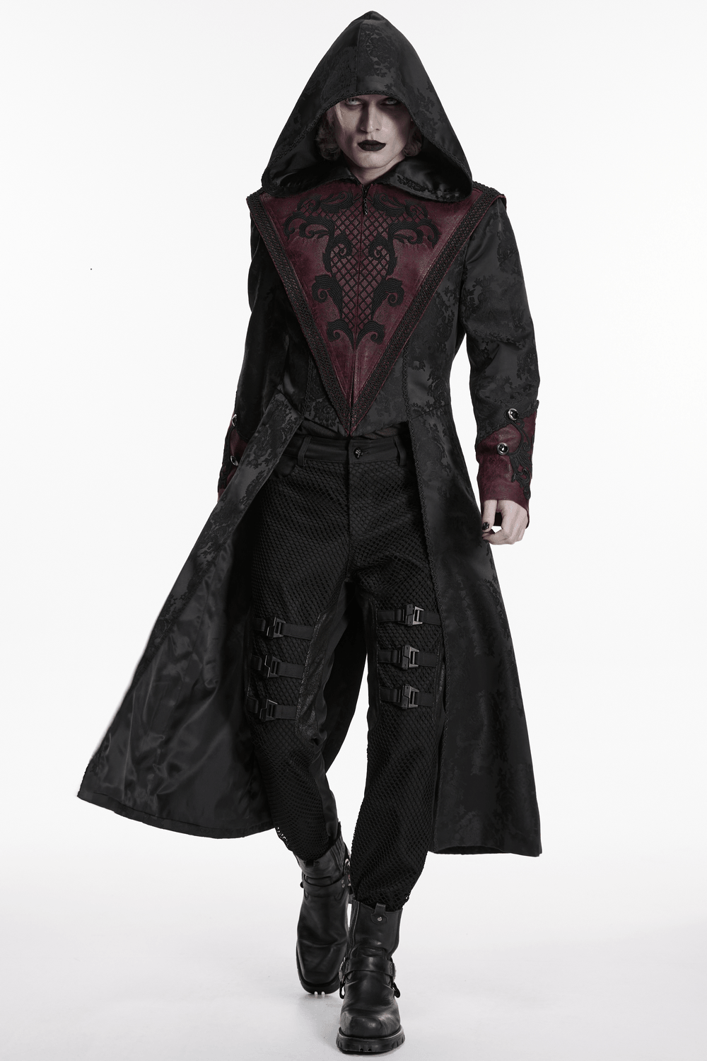 Gothic Hooded Jacquard Long Coat with Leather Trim