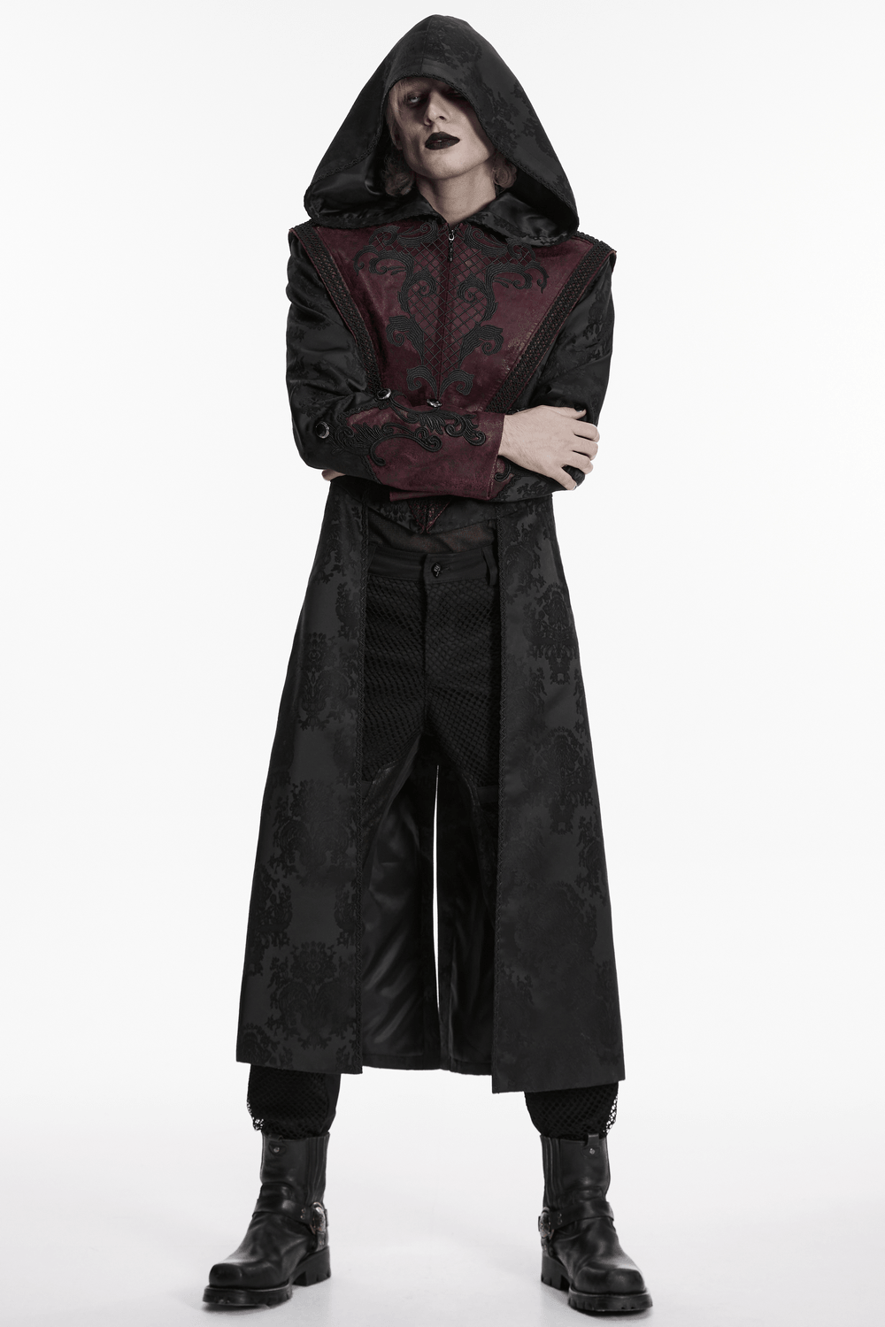 Gothic Hooded Jacquard Long Coat with Leather Trim