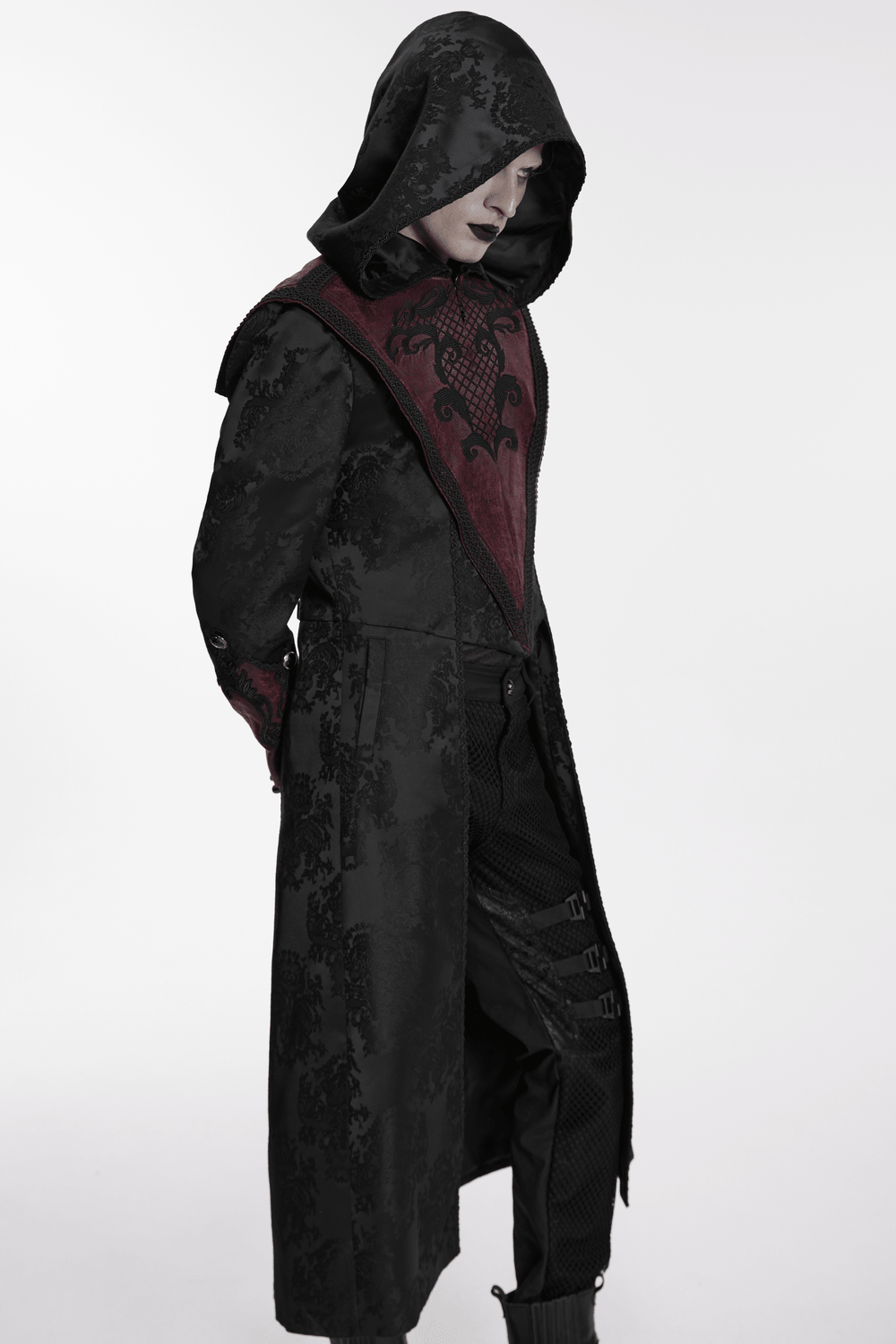 Gothic Hooded Jacquard Long Coat with Leather Trim