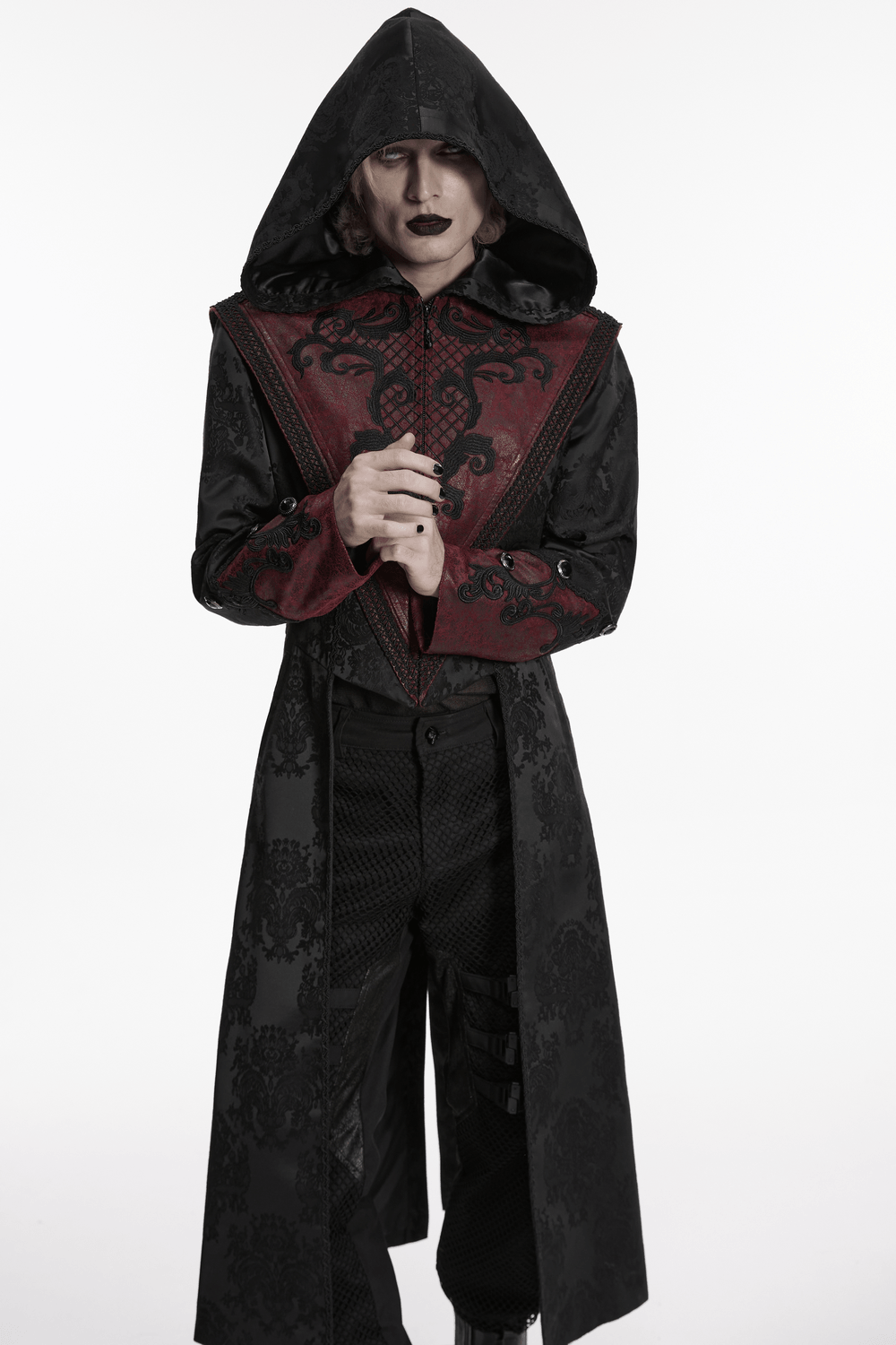 Gothic Hooded Jacquard Long Coat with Leather Trim