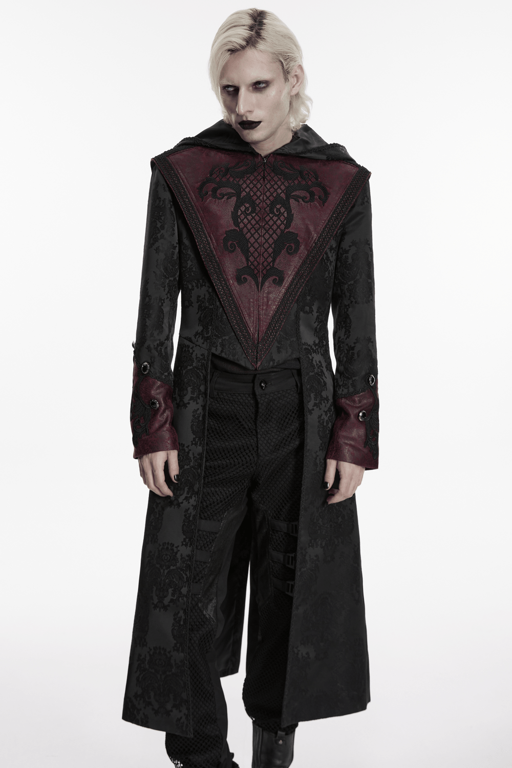Gothic Hooded Jacquard Long Coat with Leather Trim