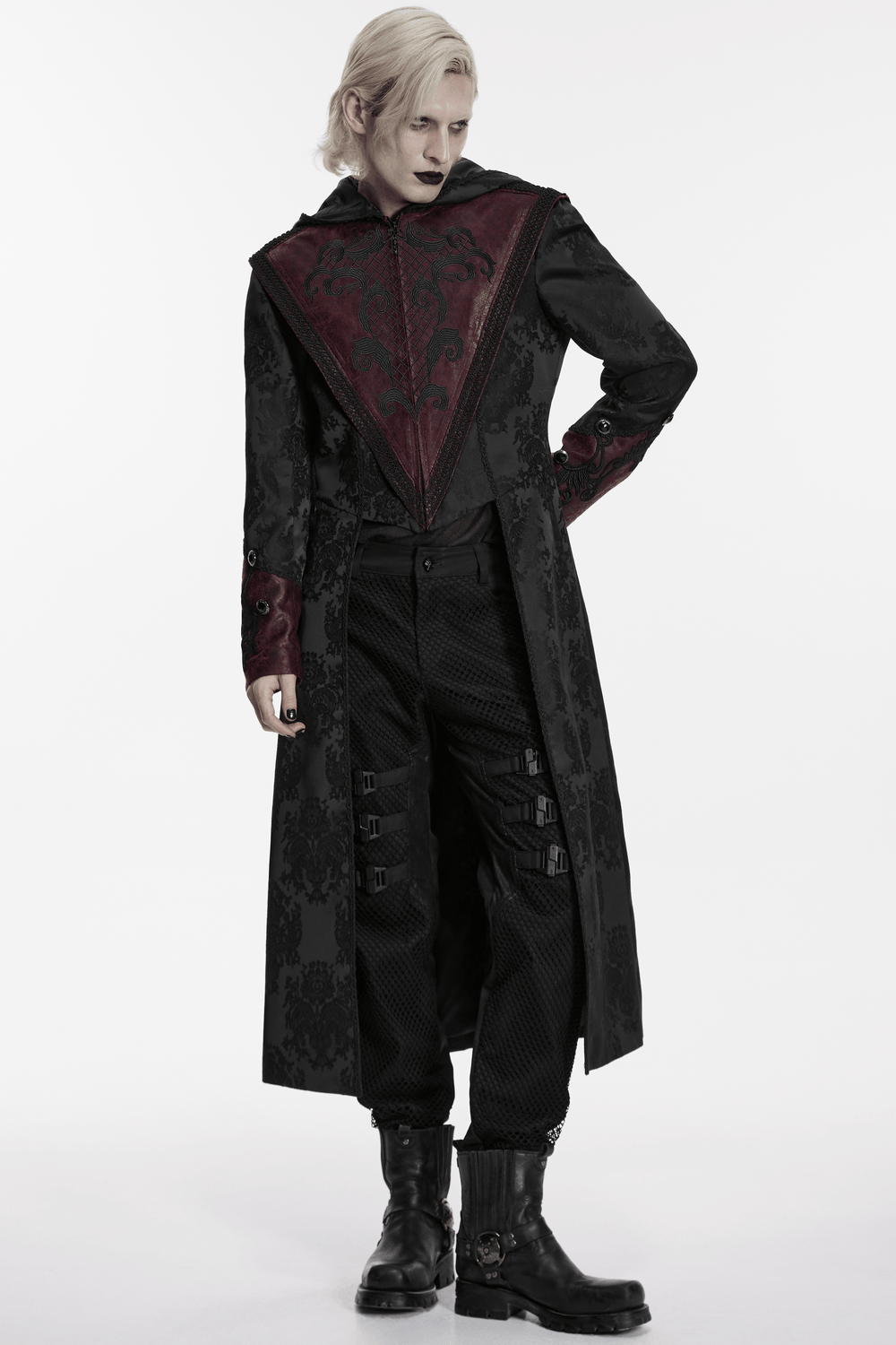 Gothic Hooded Jacquard Long Coat with Leather Trim