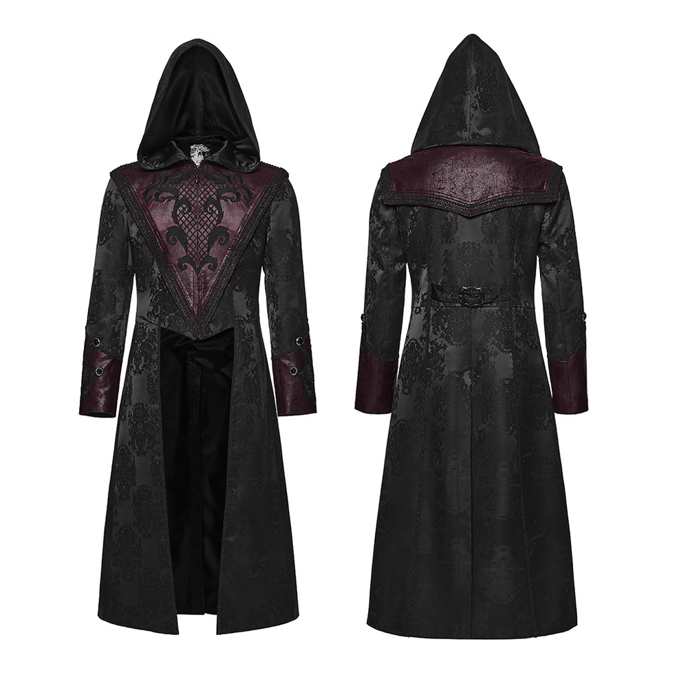 Gothic Hooded Jacquard Long Coat with Leather Trim