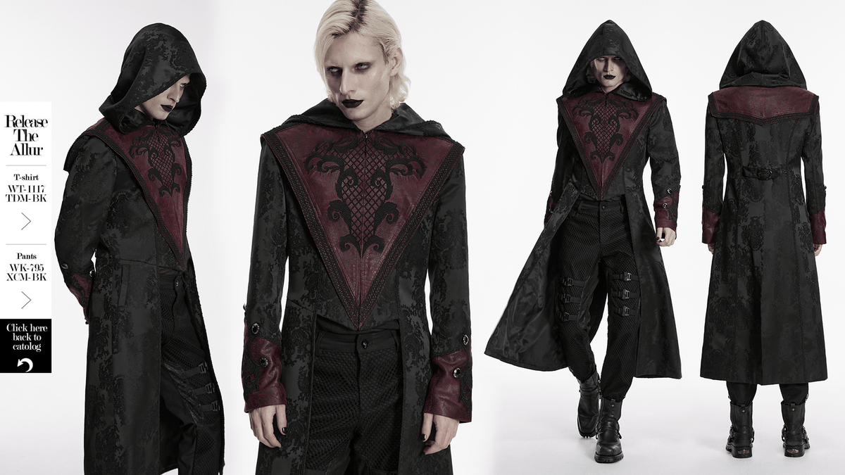 Gothic Hooded Jacquard Long Coat with Leather Trim