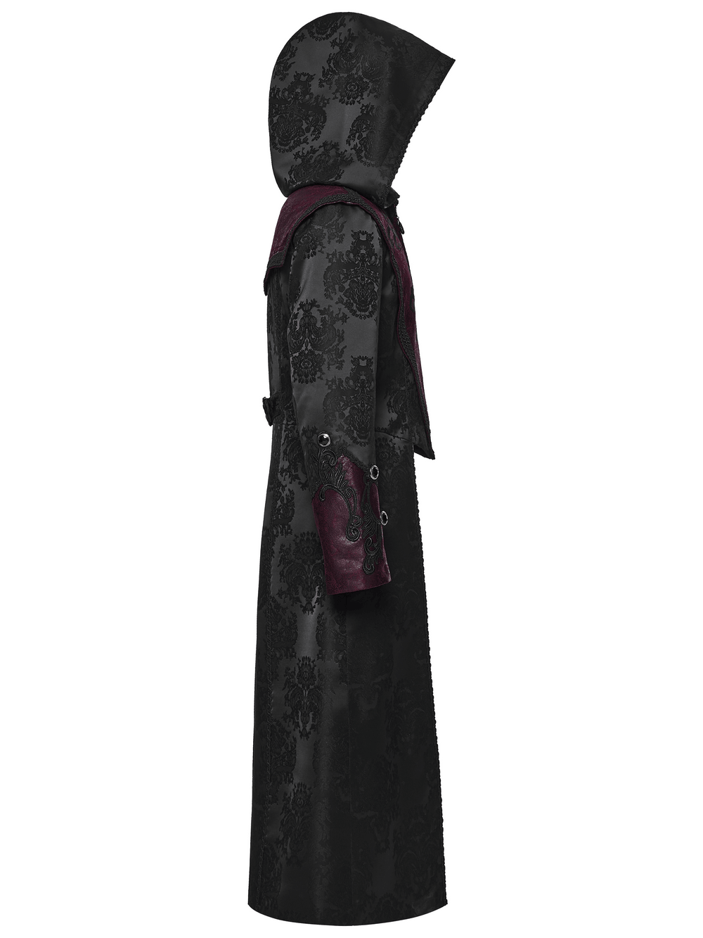 Gothic Hooded Jacquard Long Coat with Leather Trim